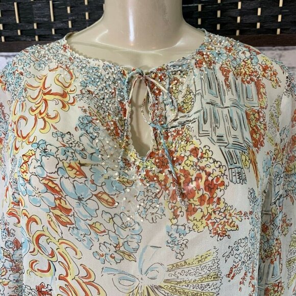 Cabi Blue Floral Silk Sheer Tie Beaded Neck Top - Picture 2 of 6